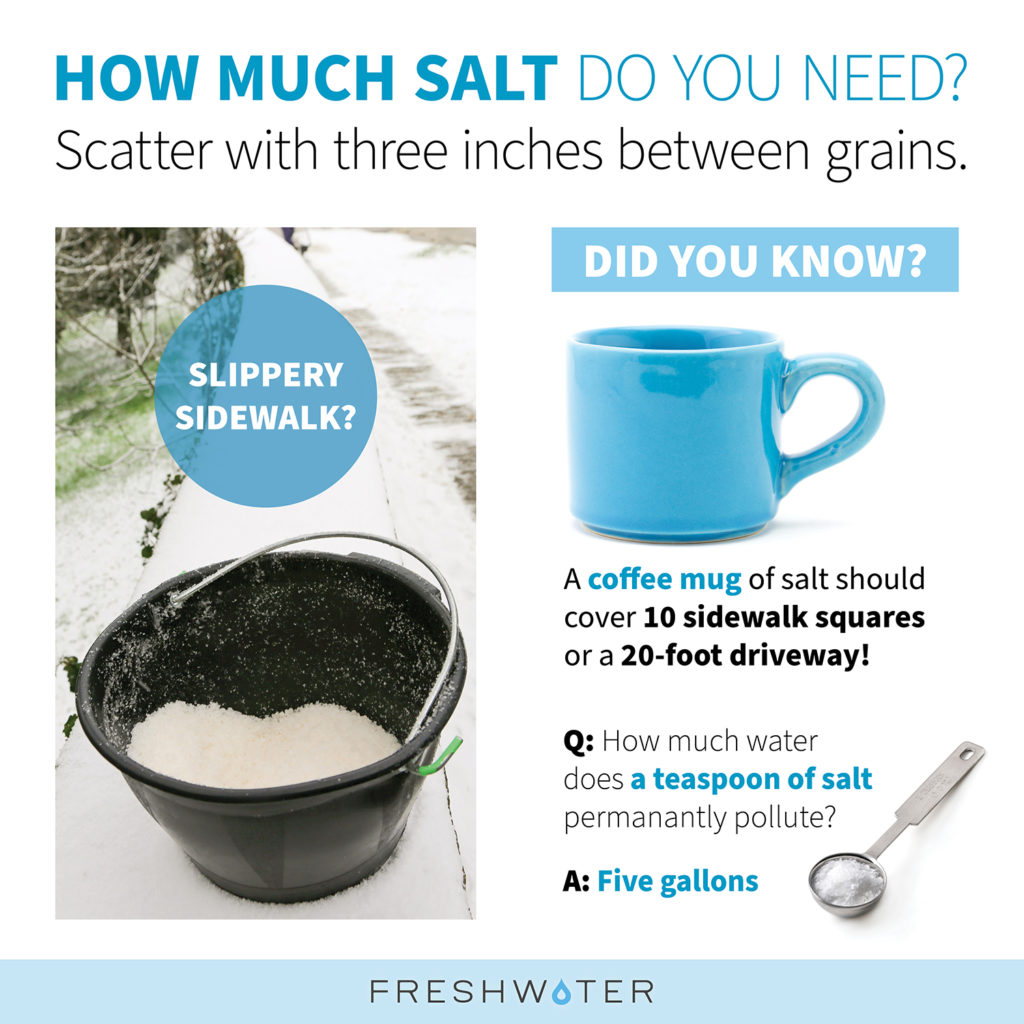 How much salt do you need? Scatter with three inches between grains. Slippery sidewalk? Did you know? A coffee mug of salt should cover 10 sidewalk squares or a 20-foot driveway! Q: How much water does a teaspoon of salt permanently pollute? A: Five gallons