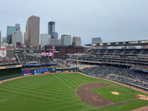 Baseball field, city skyline in background