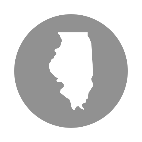 A white outline of the state of Illinois overlaid on a gray circle