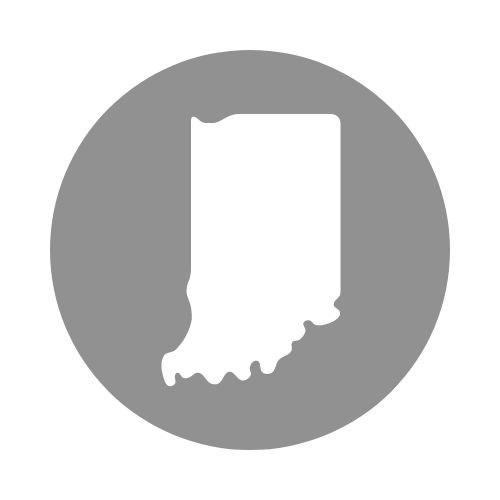 A white outline of the state of Indiana overlaid on a gray circle
