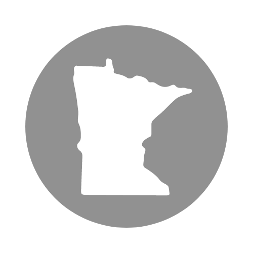 A white outline of the state of Minnesota overlaid on a gray circle