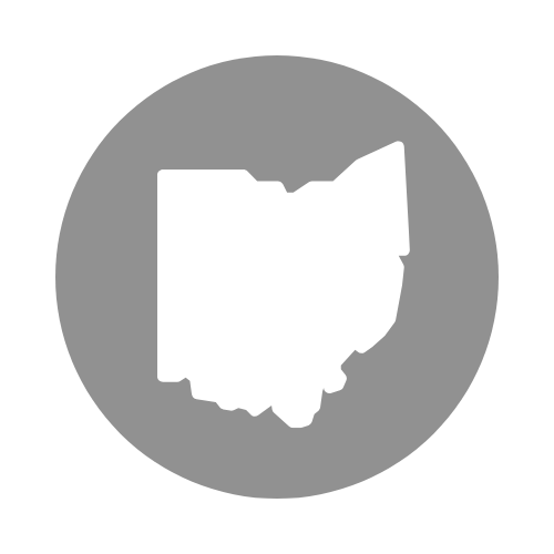A white outline of the state of Ohio overlaid on a gray circle