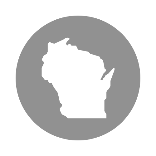 A white outline of the state of Wisconsin overlaid on a gray circle