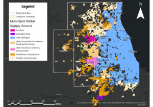 Figure 1.0 HERE. Attribution should read, “Area Map of Chicago suburbs, northeast Illinois. Municipal water sources in northeastern Illinois as reported by CMAP, with the workshop areas of Kane County and Campton Township highlighted. Data sourced from ESRI, Chicago Metropolitan Area Planning (CMAP), and DeKalb County.